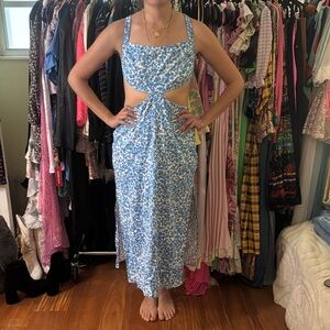 Zara white and blue flower printed midi dress